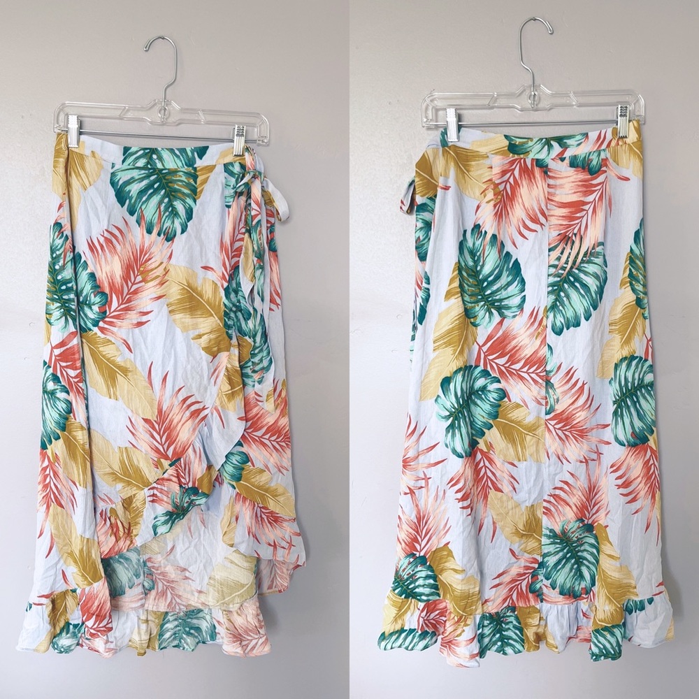 Red + Olive tropical print wrap skirt